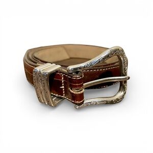 Brighton Crocodile Stamped Leather Belt with Silver Buckle Size 34
